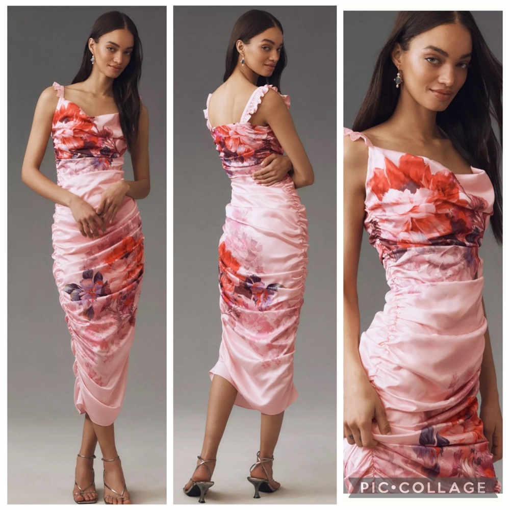 BHLDN Pink Floral Satin Midi Dress